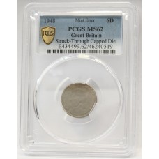 GREAT BRITAIN UK 1948 . SIXPENCE . ERROR . STRUCK THROUGH CAPPED DIE